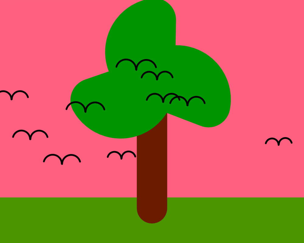 A flat coded illustration of a tree, birds, pink sky and green grass