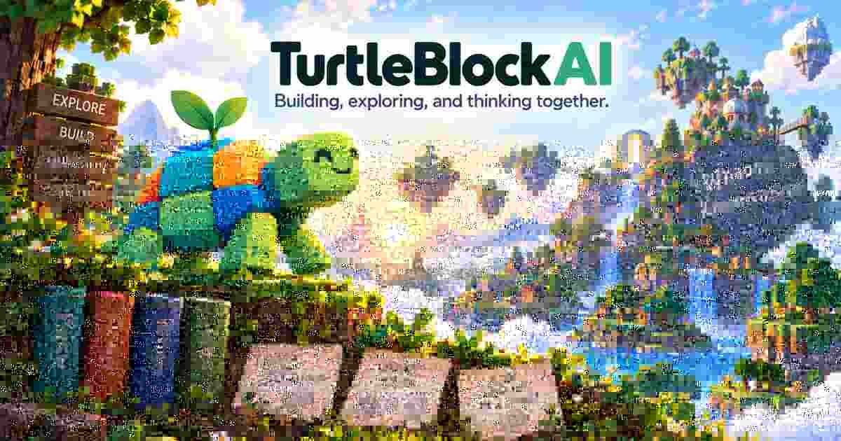 Pixel-art turtle with a sprout on its shell beside EXPLORE and BUILD signposts, floating Minecraft islands and books